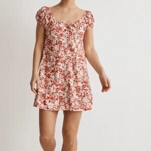 Madewell Dress Womens Mini Red Floral‎ Linen Linen Blend Beachy Summer 00 NEW